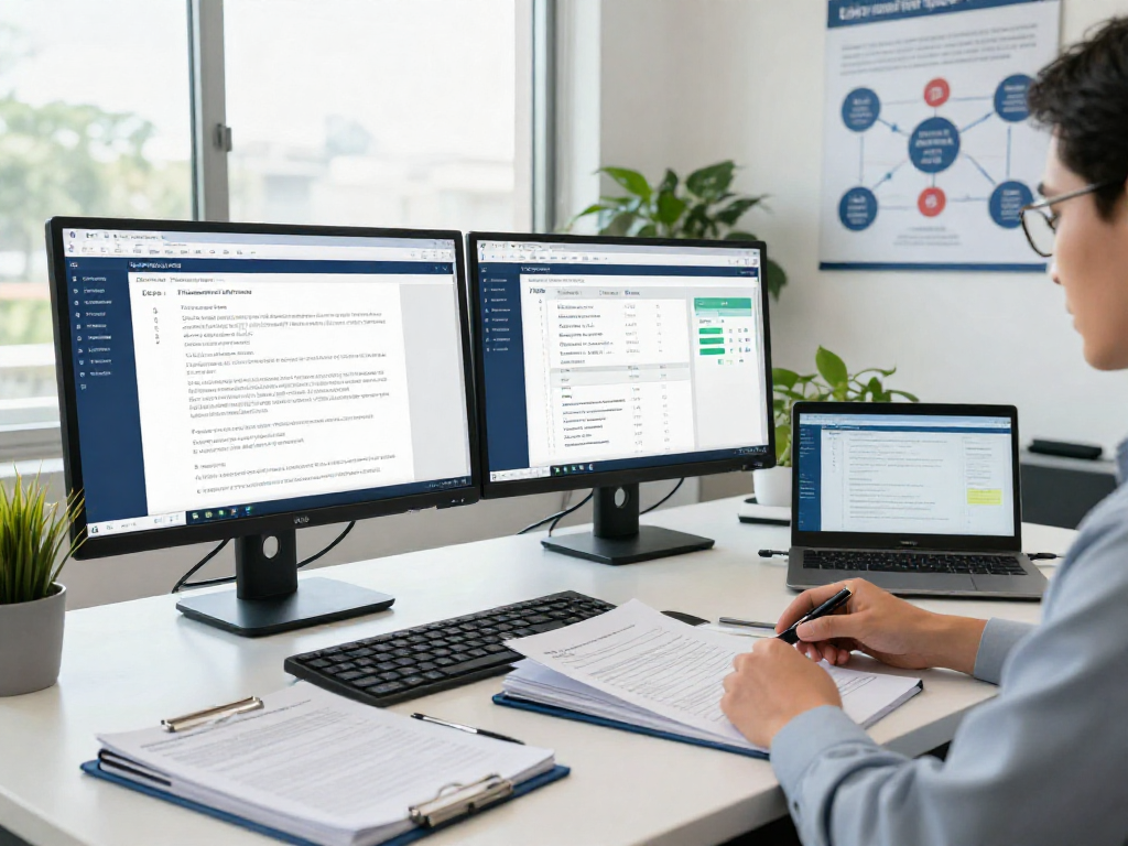 Compliance specialist conducting document fraud detection analysis with advanced AI tools in a modern office.