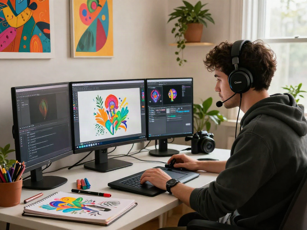 Creative workspace with person designing nsfw ai digital art in a colorful, engaging environment.
