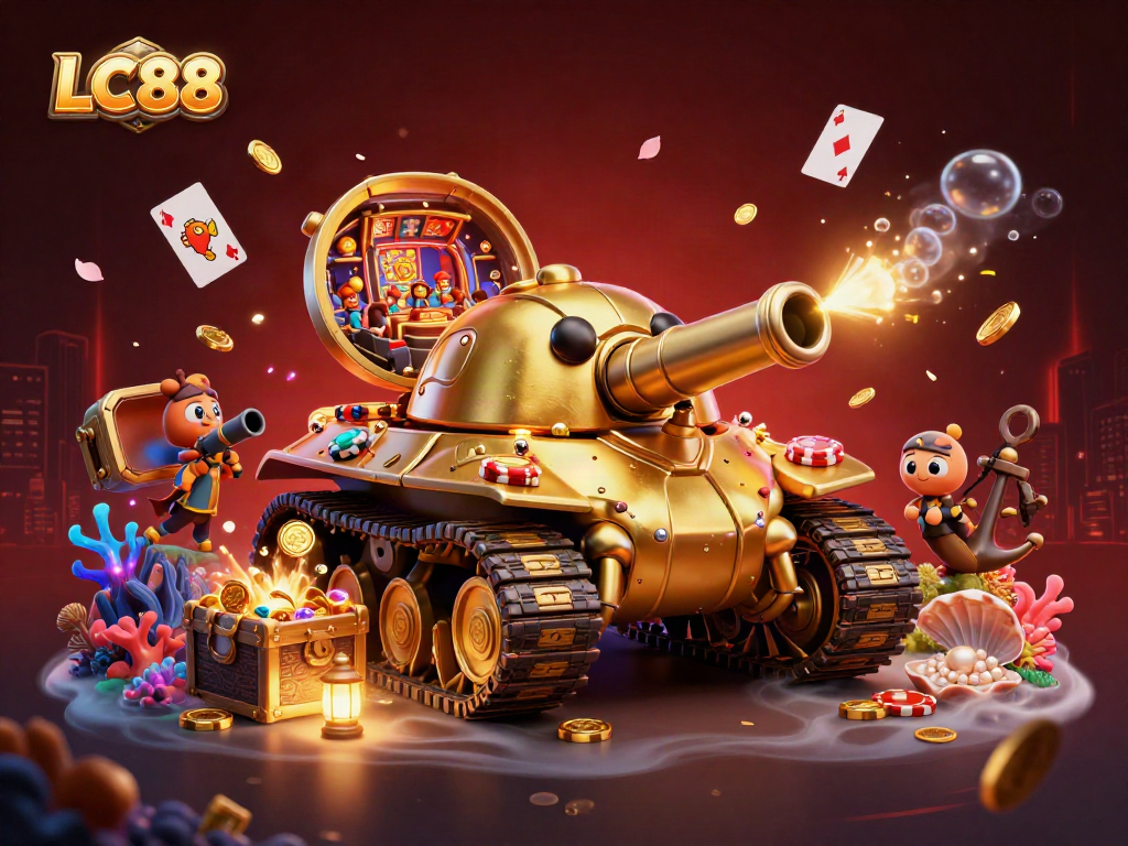Experience excitement at LC88 with a vibrant casino scene featuring a golden beetle tank and lively game elements.