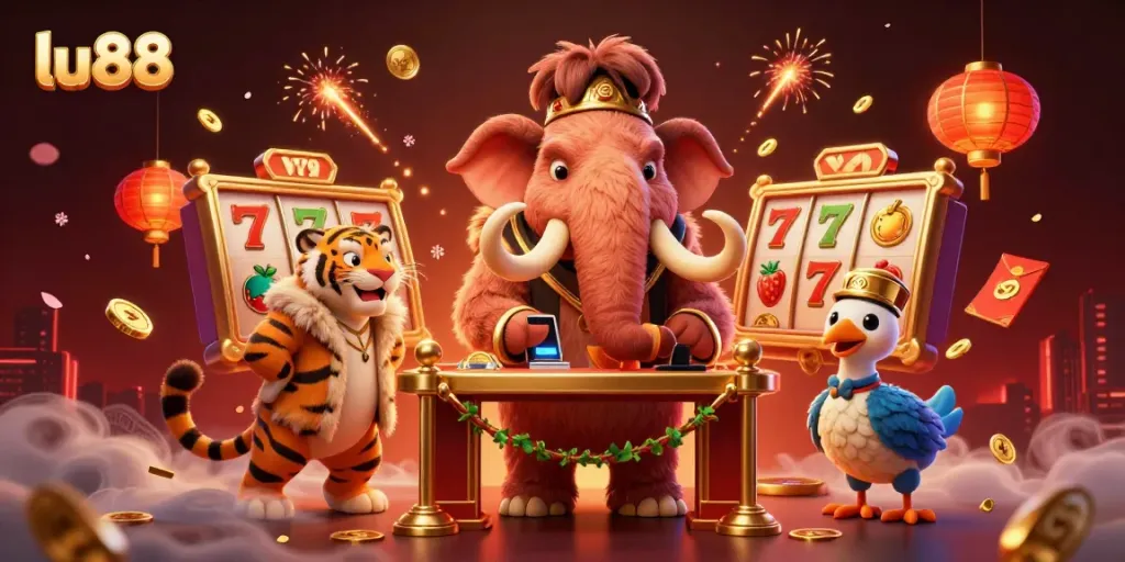 Experience the vibrant energy of lu88 with a woolly mammoth casino bouncer and a saber-tooth tiger guest in a dynamic casino landscape.