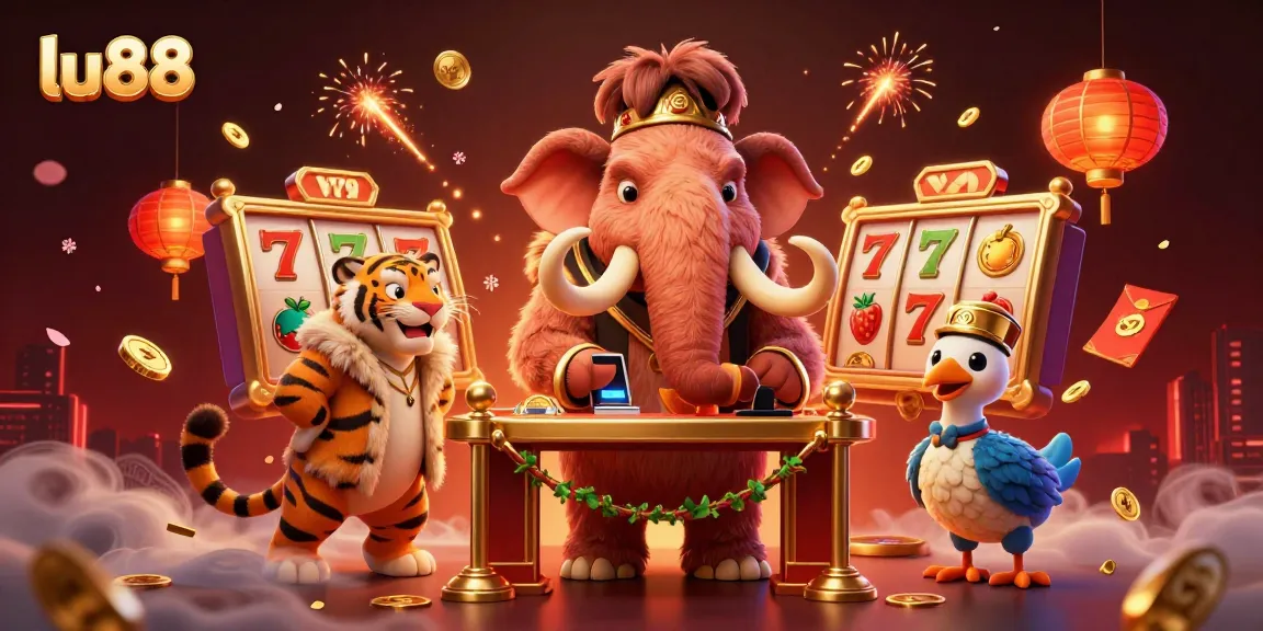 Experience the vibrant energy of lu88 with a woolly mammoth casino bouncer and a saber-tooth tiger guest in a dynamic casino landscape.