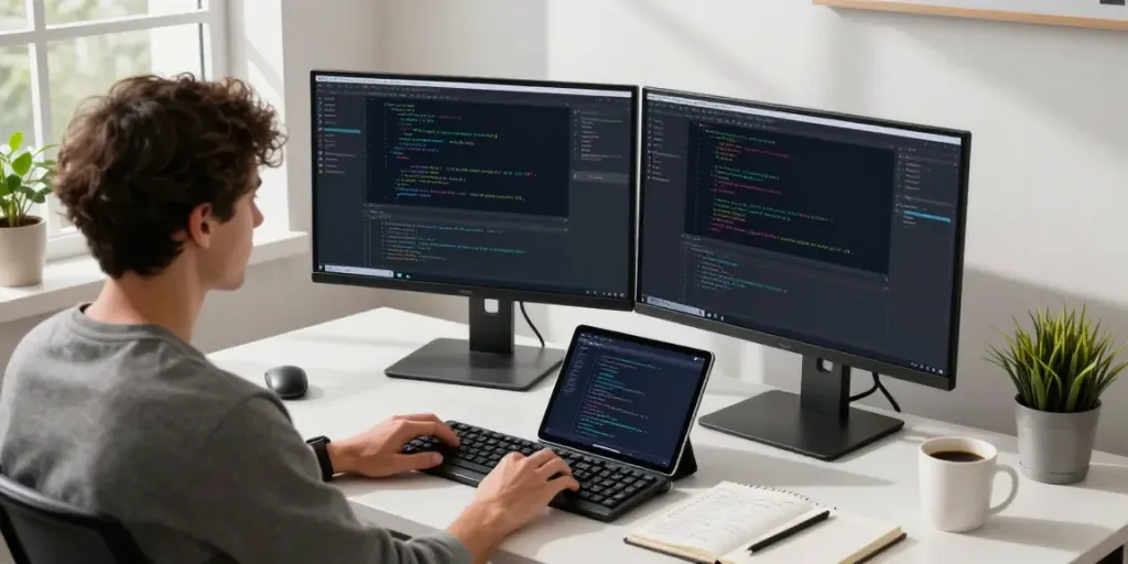 Developer coding with instant indexing tools in a bright office setting