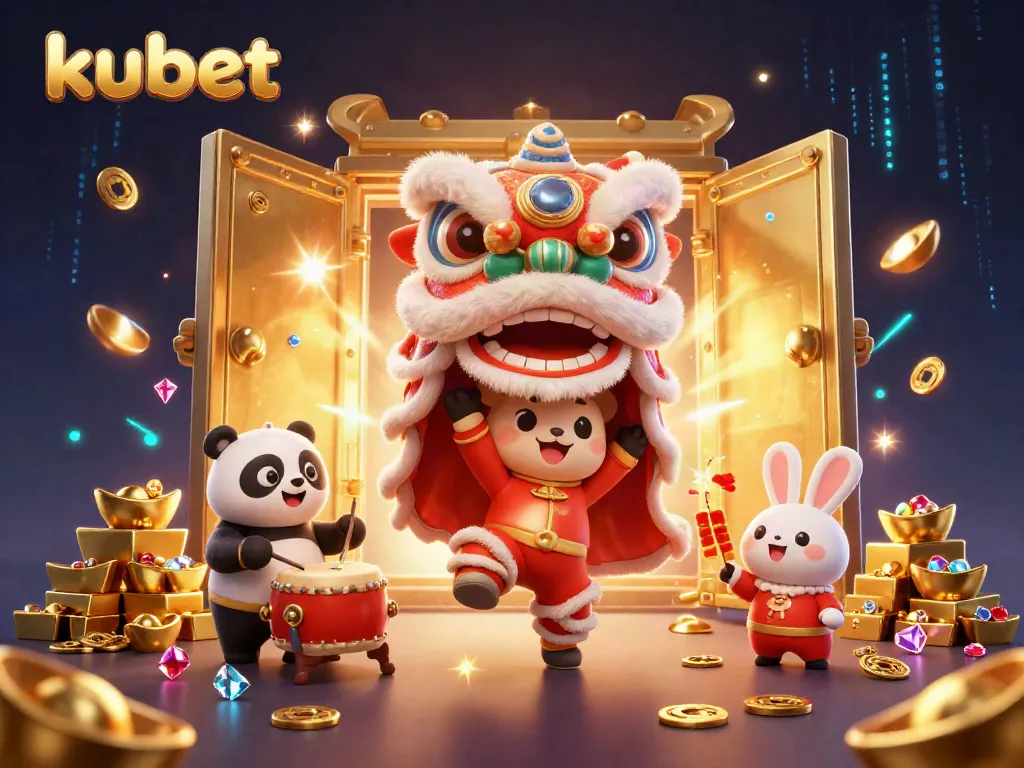 Experience kubet's vibrant online casino world through a dynamic 3D illustration of celebrating characters surrounded by treasures.