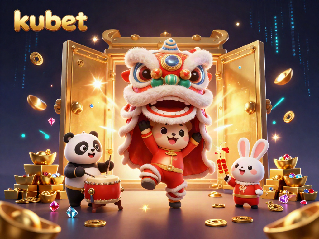 Experience kubet's vibrant online casino world through a dynamic 3D illustration of celebrating characters surrounded by treasures.