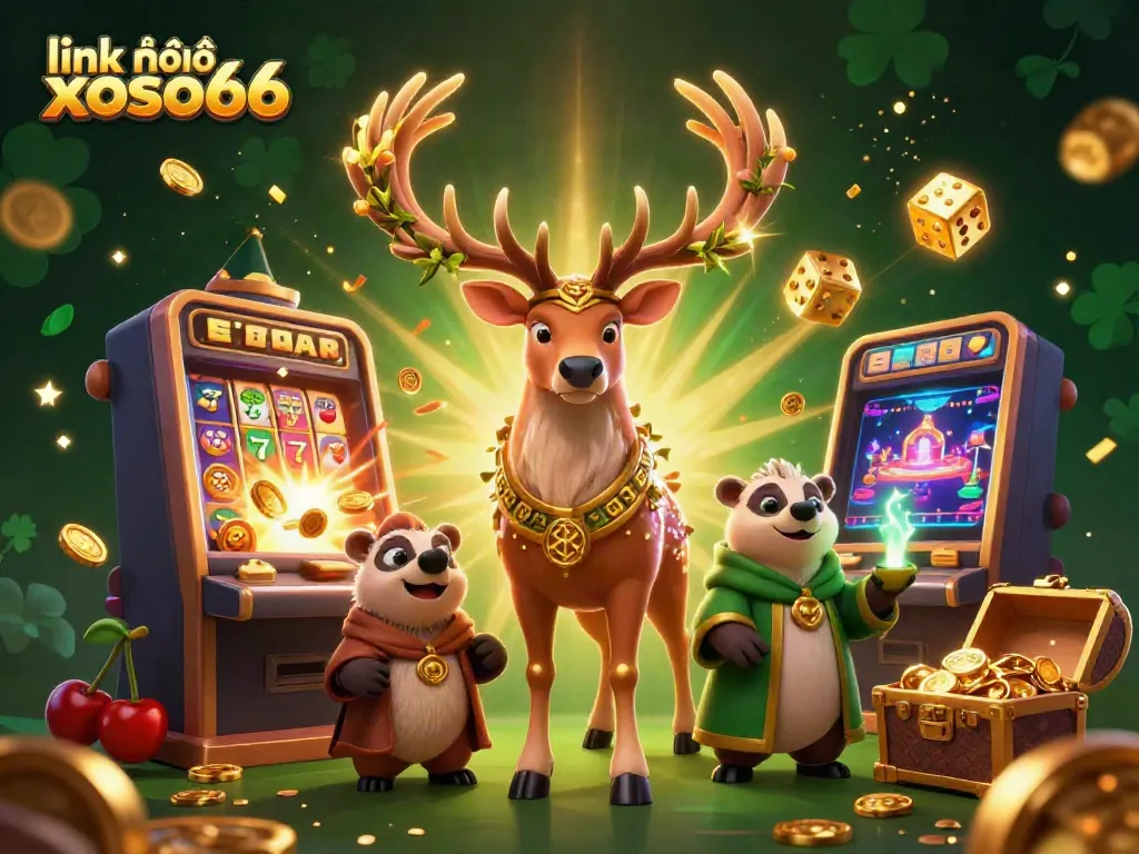 Engage with link vào xoso66, featuring a colorful 3D casino scene with characters and dynamic game elements.