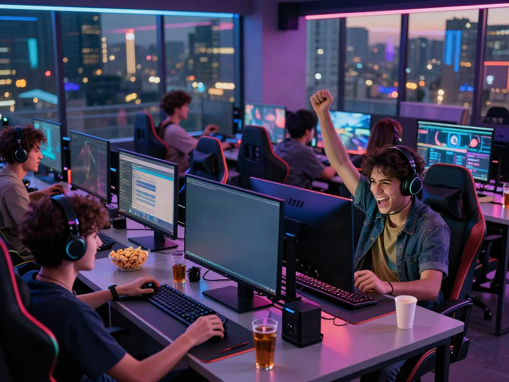 Excited gamers enjoying tx 88 in a modern gaming lounge filled with vibrant colors.