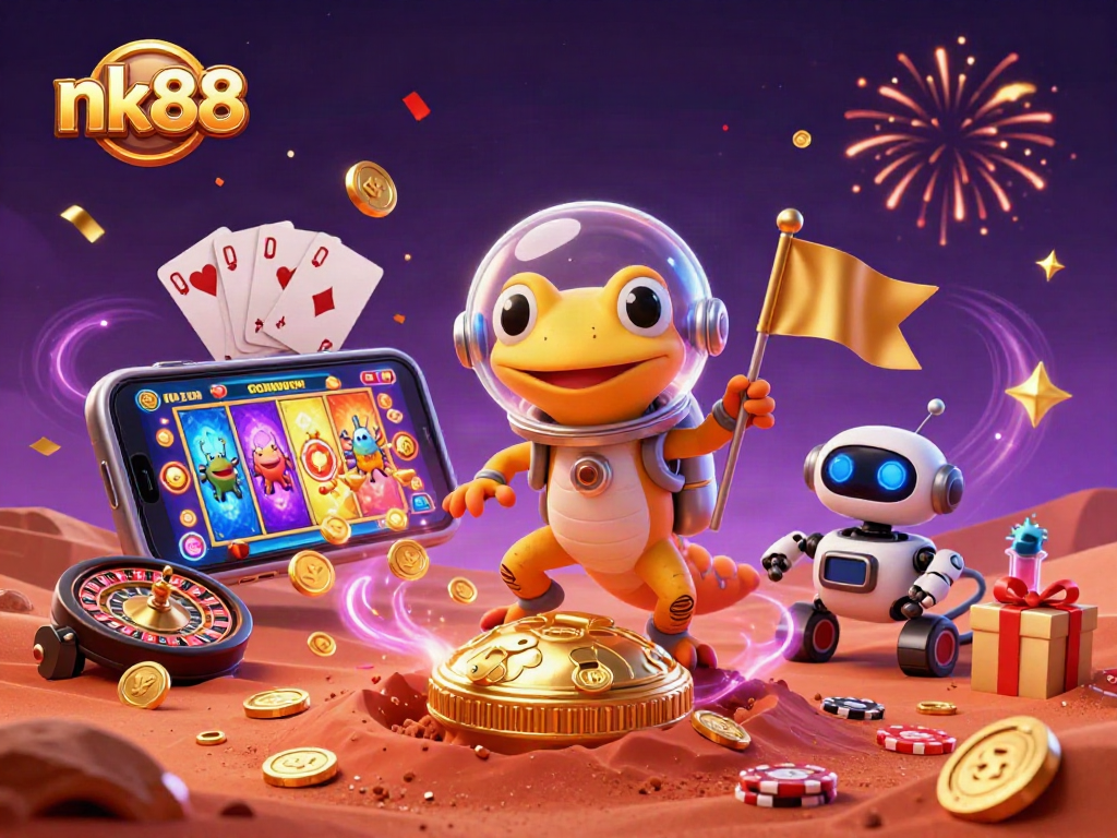 Experience nk88 excitement as a Martian gecko uncovers a gold-filled casino on Mars.