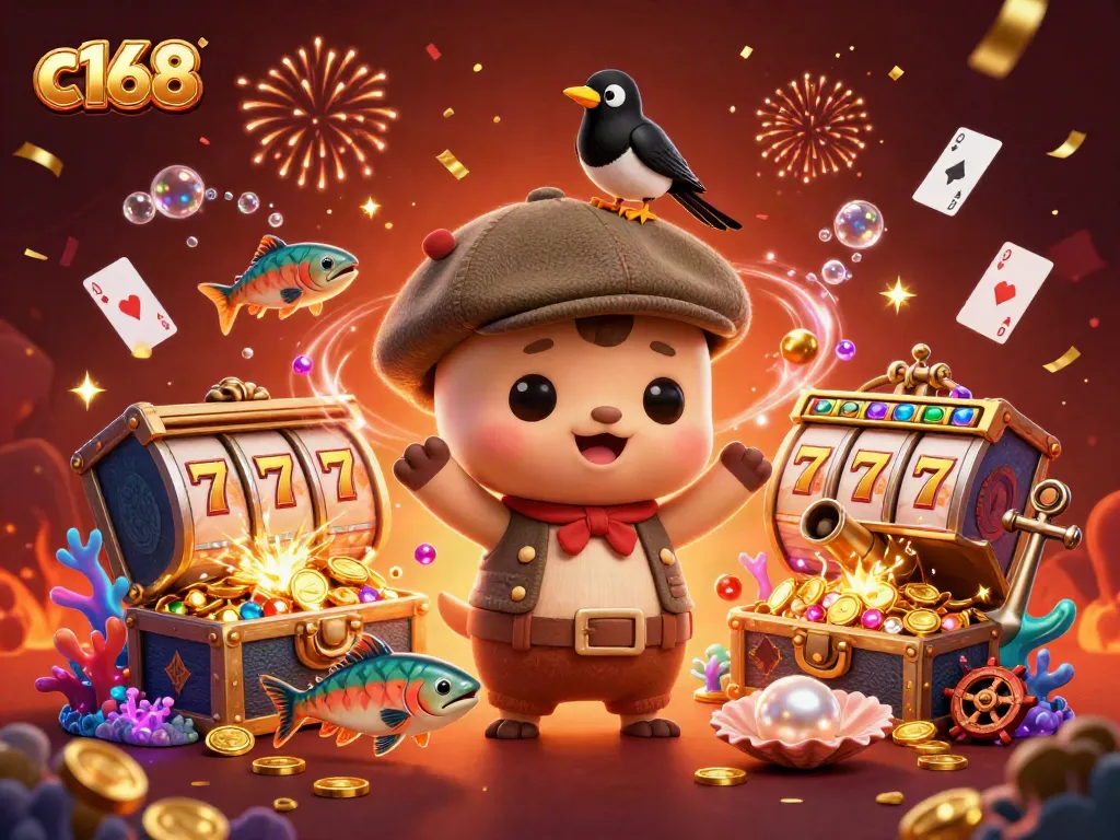 Spin winning slots with c168 surrounded by playful characters and vibrant casino elements.