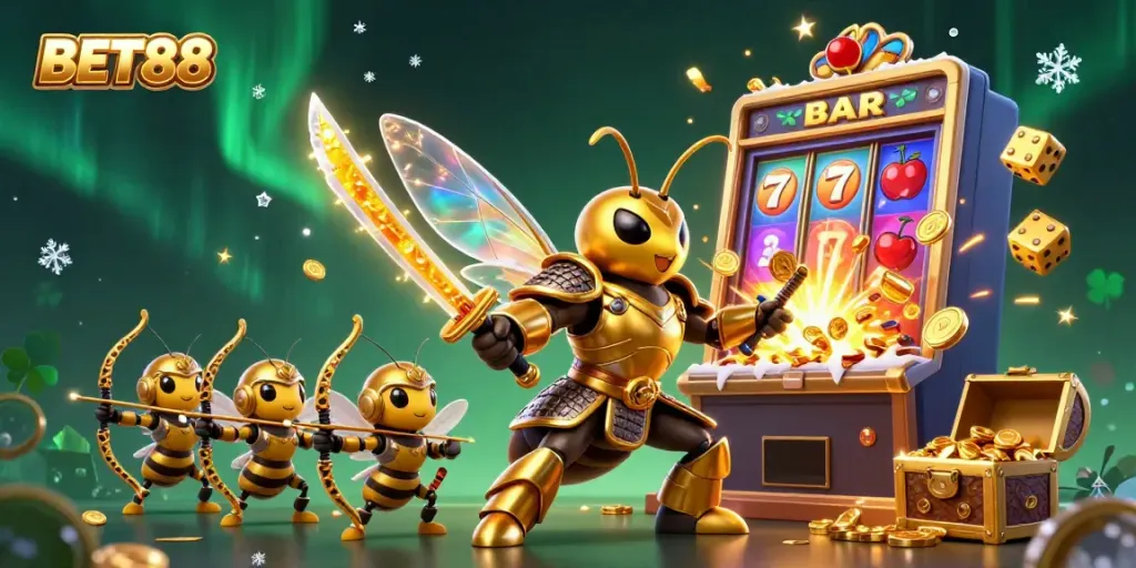 Experience the excitement of BET88 with a dynamic 3D casino illustration featuring epic characters and vibrant casino elements.