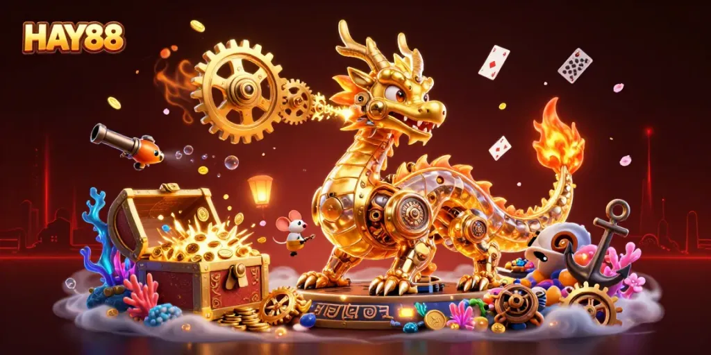 Experience the excitement of HAY88 with a vibrant 3D dragon and treasure in a dynamic casino scene.