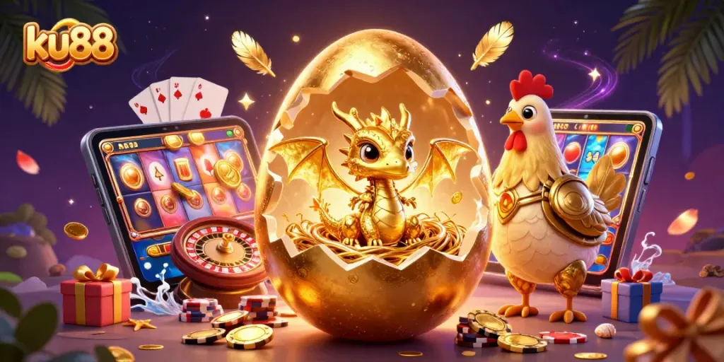 ku88 features a dragon and golden egg in a vibrant casino scene with immersive gaming elements