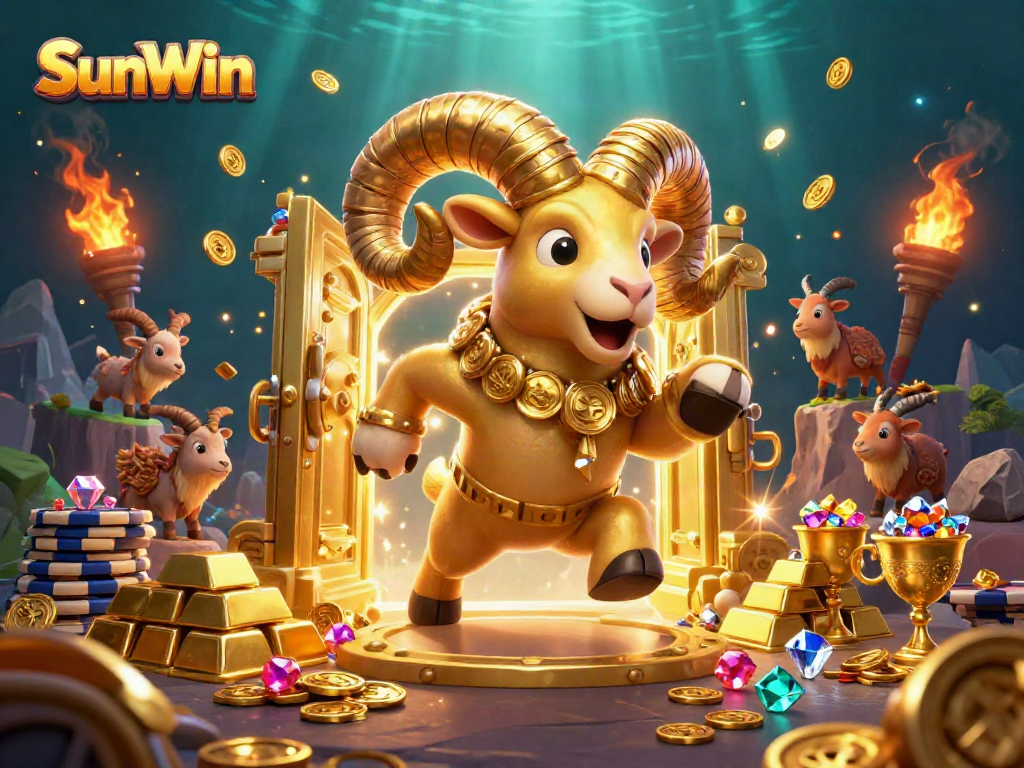 Experience the thrill of SunWin with a charging golden ram, sparkling treasures, and casino delights.