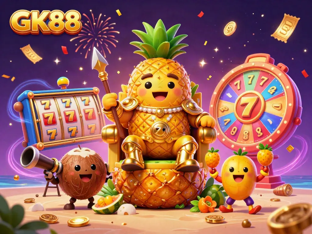 Engage with GK88's dynamic casino scene featuring a golden pineapple king, slot reels, and joyful confetti!