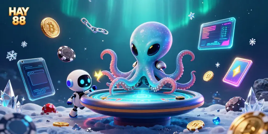 Experience thrilling gaming at HAY 88 with an alien octopus dealer and futuristic poker setup.