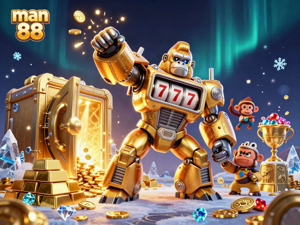 Experience big wins with man 88 at a vibrant casino featuring a transformer gorilla mech and treasures.