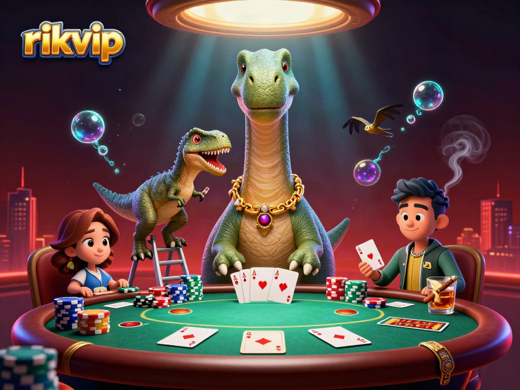 Experience thrilling poker action with rikvip featuring a giant brontosaurus and raptor dealer.