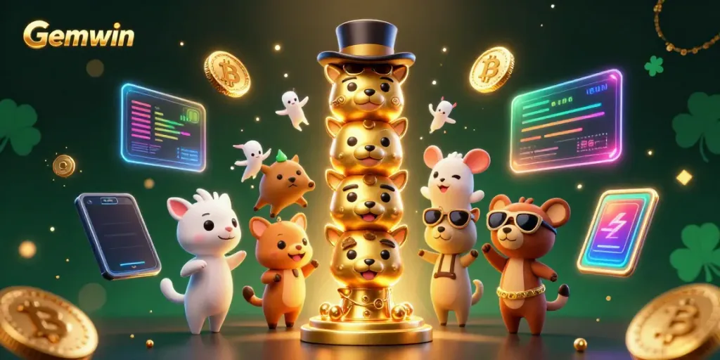 Spin the reels at Gemwin with a lively totem pole amidst sparkling crypto coins and gaming elements.