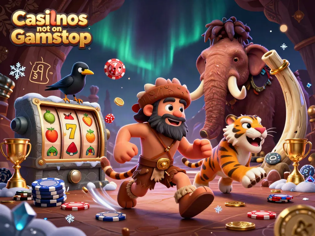 Engage in thrilling fun at Casinos not on Gamstop with a lively 3D prehistoric casino scene showcasing games.