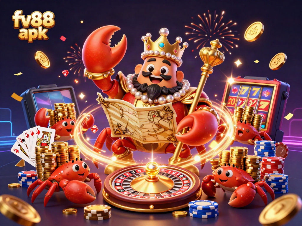 Engage in thrilling gameplay with fv88 apk, featuring a golden crab emperor amidst sparkling casino elements.
