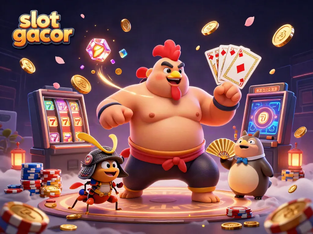 Experience thrilling slot gacor action with a powerful sumo rooster and dynamic casino elements in a vibrant illustration.