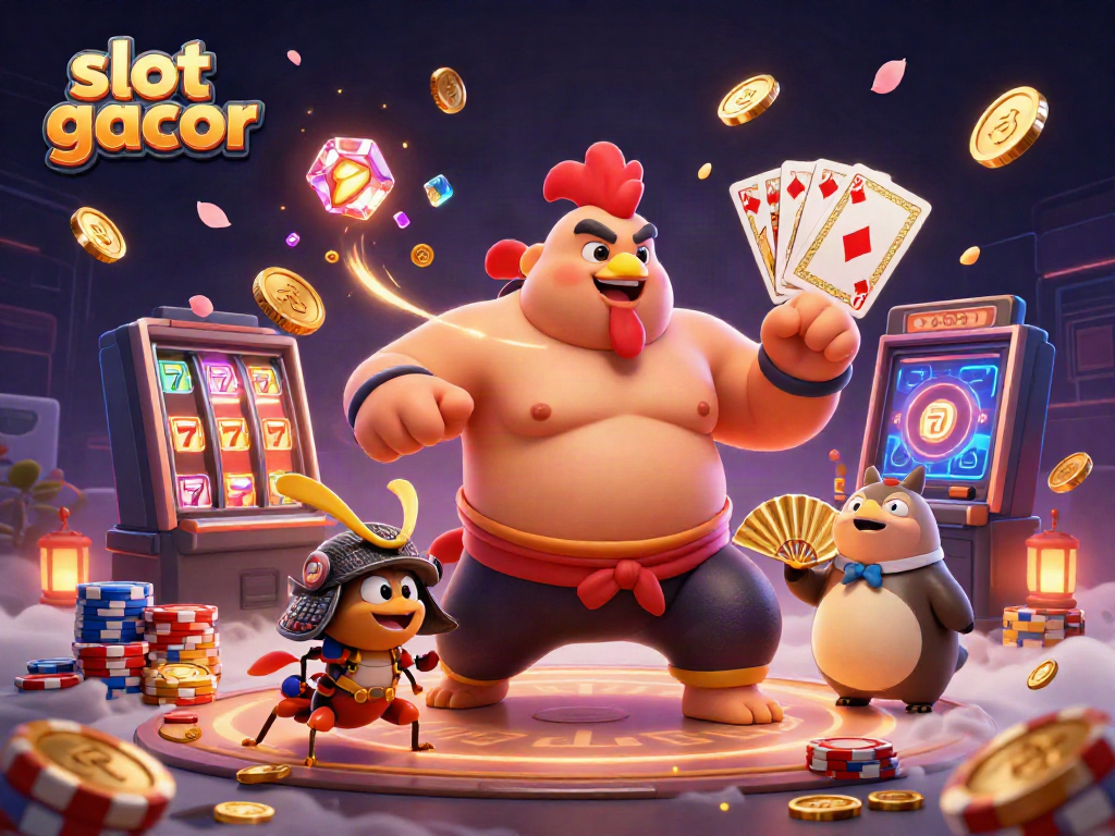 Experience thrilling slot gacor action with a powerful sumo rooster and dynamic casino elements in a vibrant illustration.