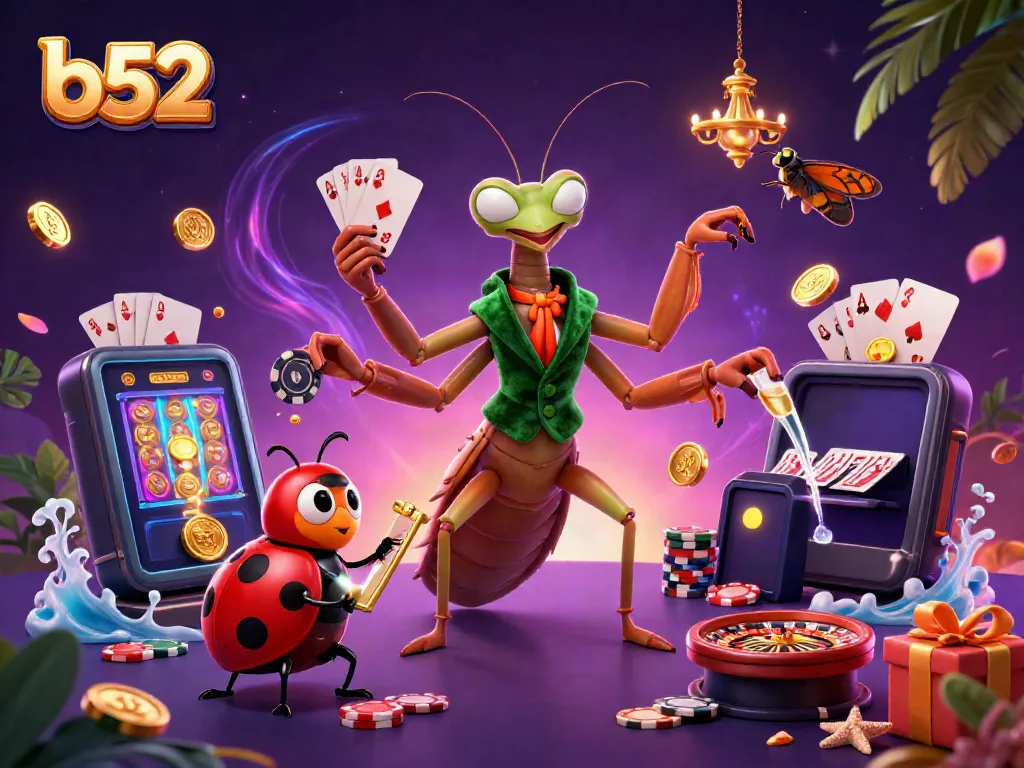 B52's vibrant scene with a giant praying mantis card sharp and ladybug pit boss in a busy casino setting.