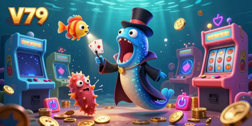 V79 offers thrilling gaming experiences with a magical underwater scene featuring unique characters and exciting slot elements.