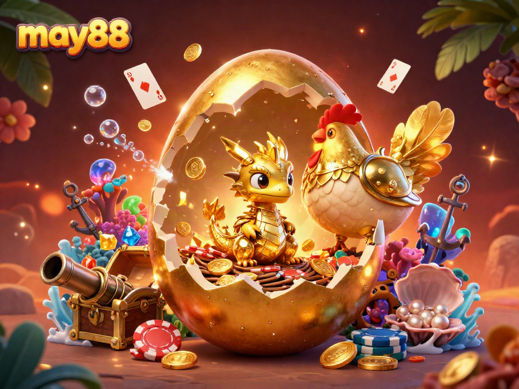 Engage with may88's thrilling casino games featuring golden treasures, poker chips, and a shimmering background.