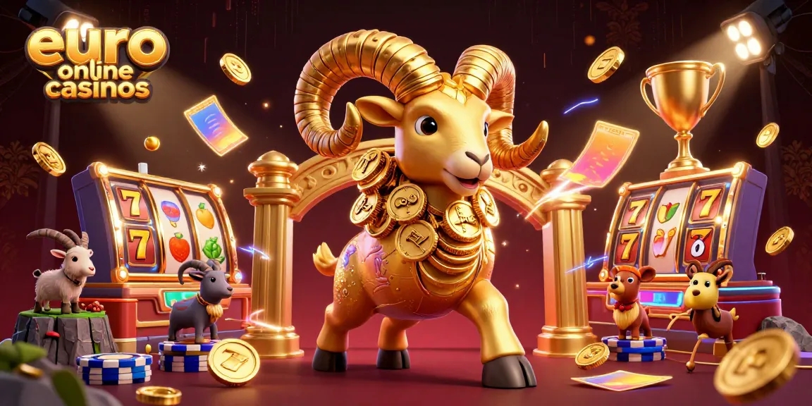 Engage with euro online casinos featuring a golden ram amidst lively slot elements and dynamic casino action.
