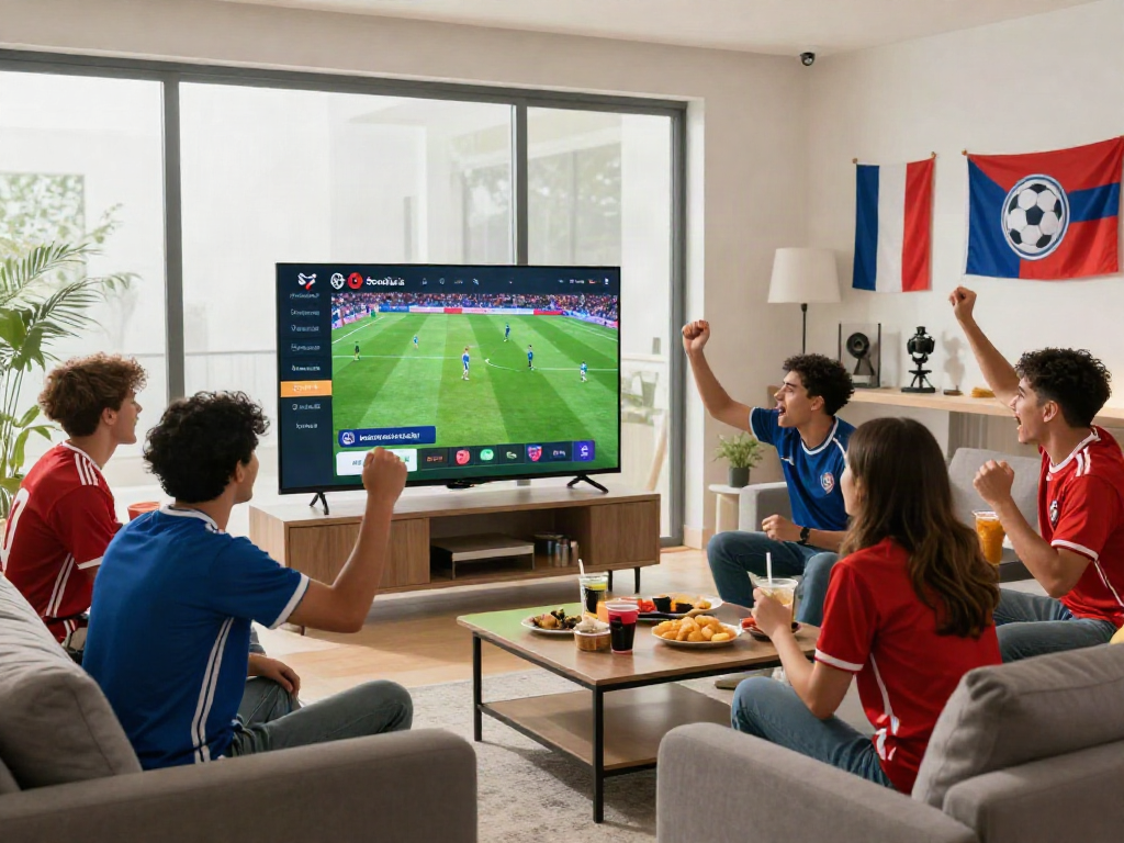 Fans enjoying a live soccer match on Socolive in a vibrant living room.