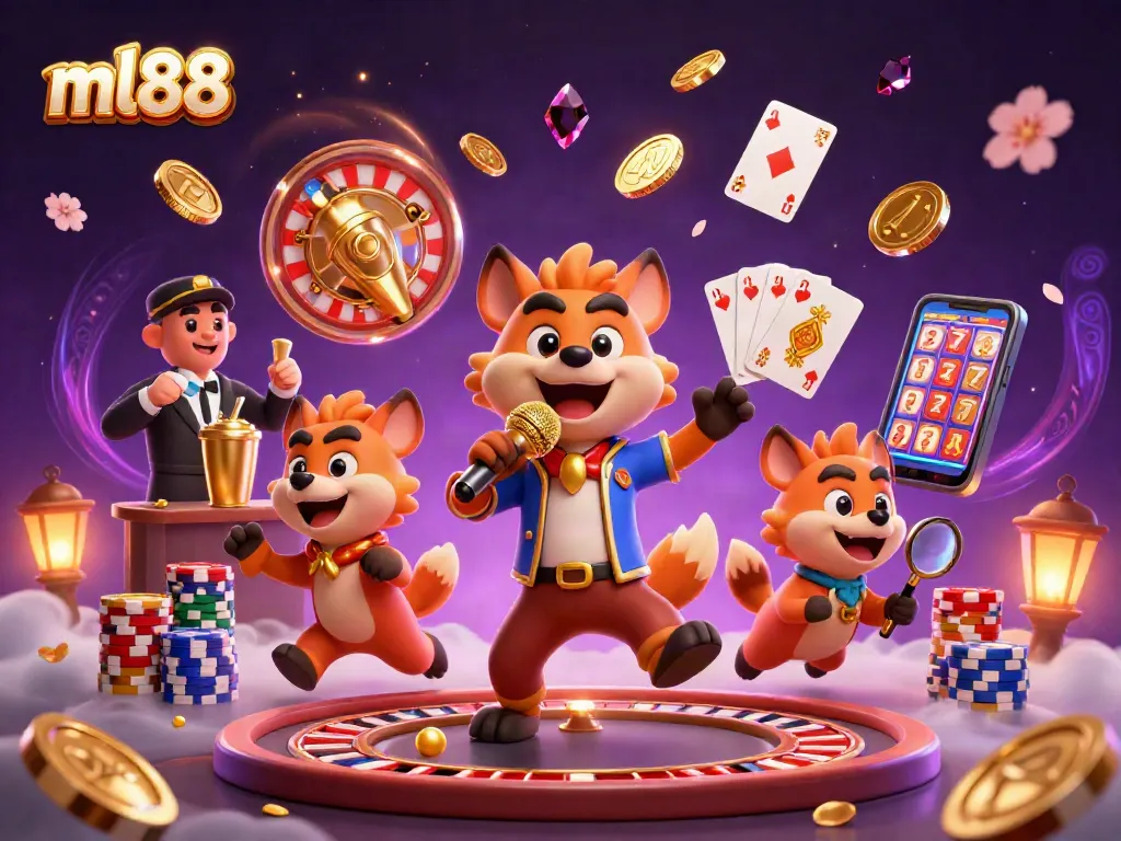 Engage in the lively casino scene featuring the fun-loving ml88 hyena characters orchestrating drinks, jokes, and security with colorful casino elements.