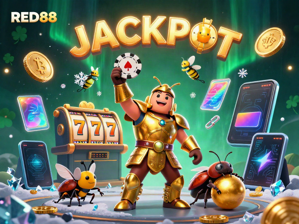 Join the excitement at RED88 casino, with a heroic beetle lifting a winning poker chip in a vibrant 3D scene.