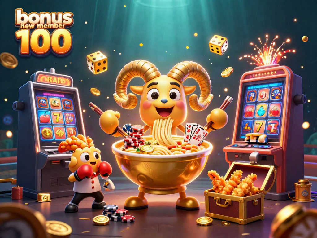 Engage in excitement with bonus new member 100, featuring dynamic characters and vibrant casino elements.