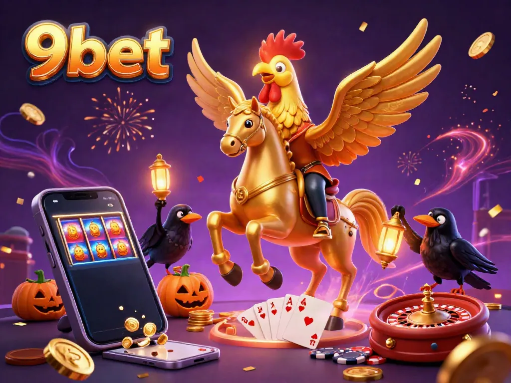 Experience the vibrant excitement of 9bet as a golden rooster rides through a lively casino.