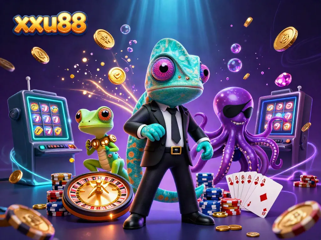 Catch the excitement at xxuu88 with animated characters and thrilling casino elements in a dynamic scene.