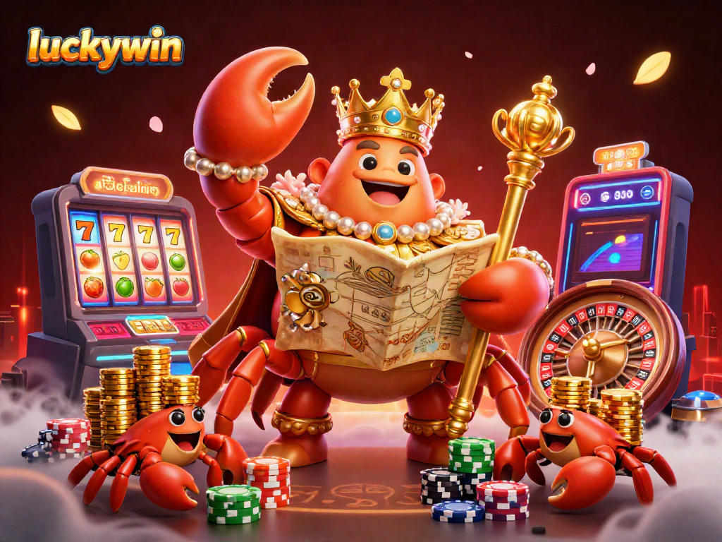 Experience the excitement of luckywin with a golden crab emperor, vibrant casino elements, and rich details in 3D.