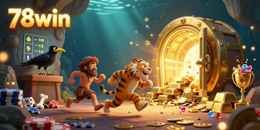 Experience the thrill of 78win with a captivating 3D illustration of a prehistoric casino adventure.