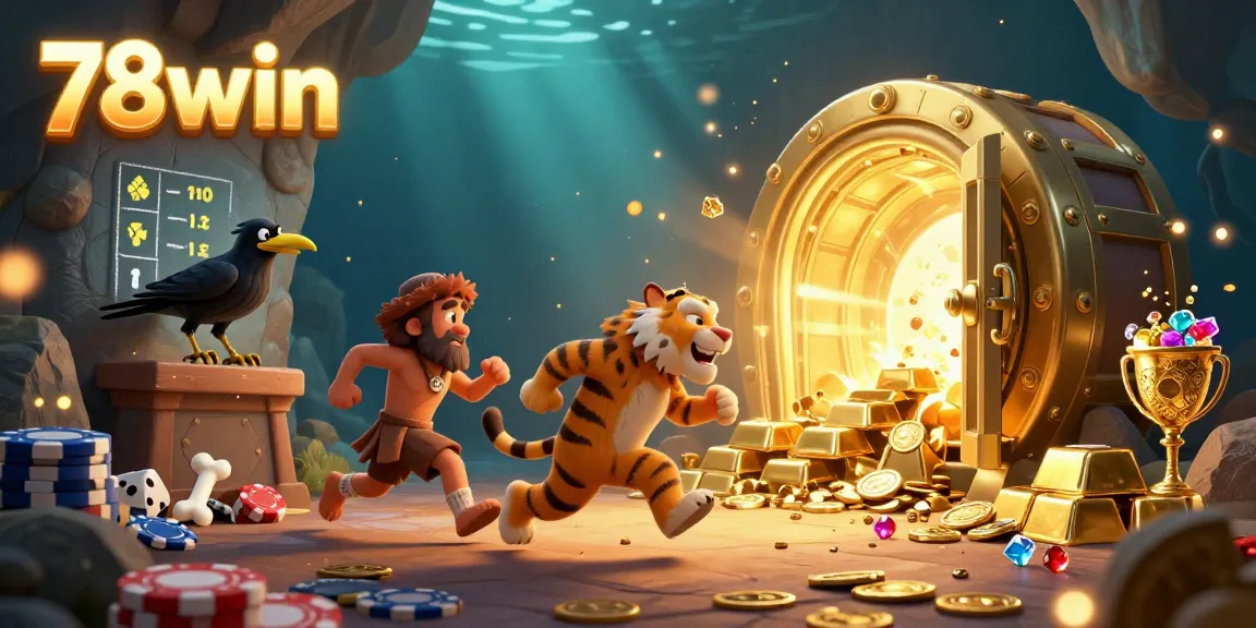 Experience the thrill of 78win with a captivating 3D illustration of a prehistoric casino adventure.