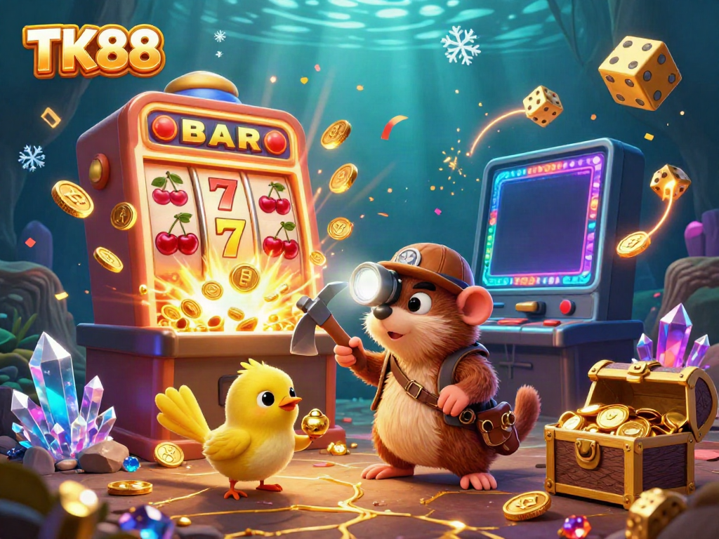 Experience thrilling wins on TK88 with our vibrant online casino scene featuring a treasure hunter and golden jackpots.