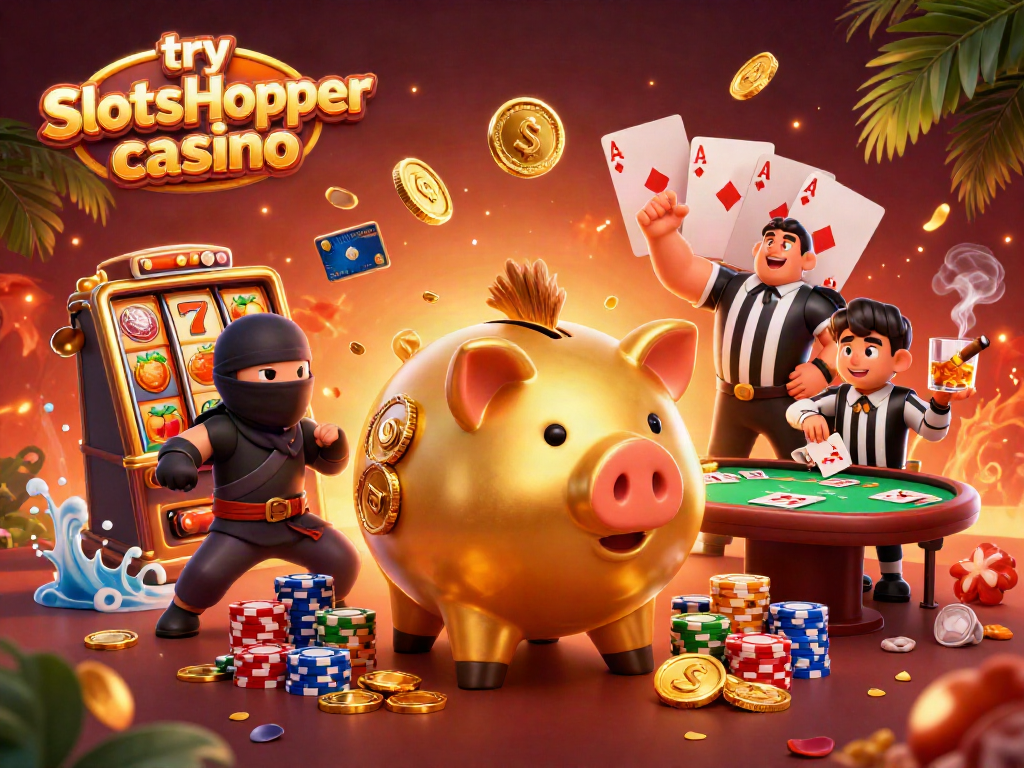 Try SlotsHopper casino with this lively scene of a golden piggy bank wrestler amidst slot reels and poker chips.