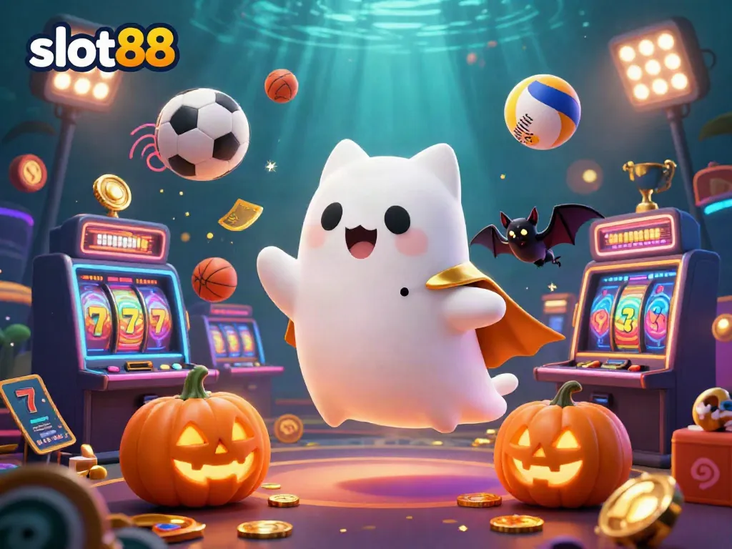 Experience jackpot thrills with slot88, featuring ghost cats and vibrant casino elements.