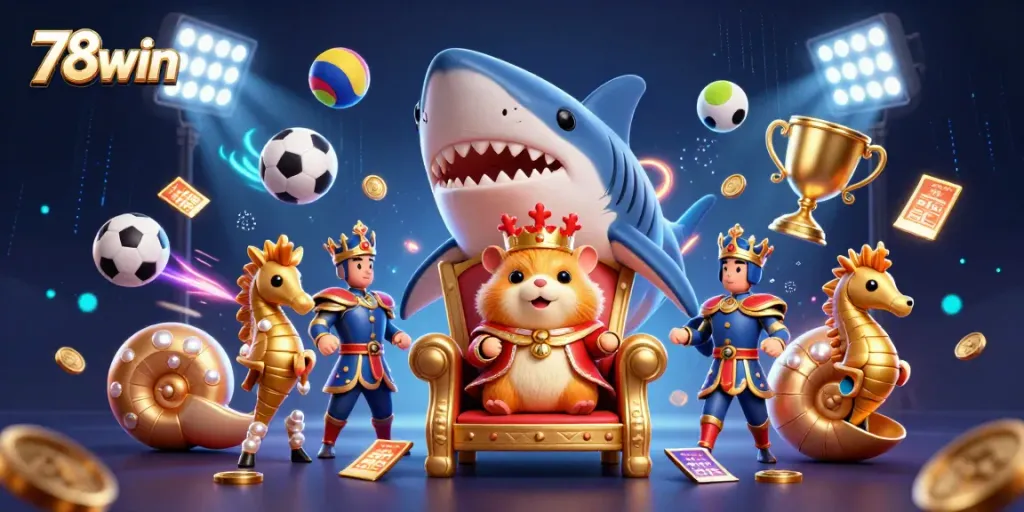 Engage in exhilarating bets with 78win, featuring a cartoon hamster king and dynamic sports elements.