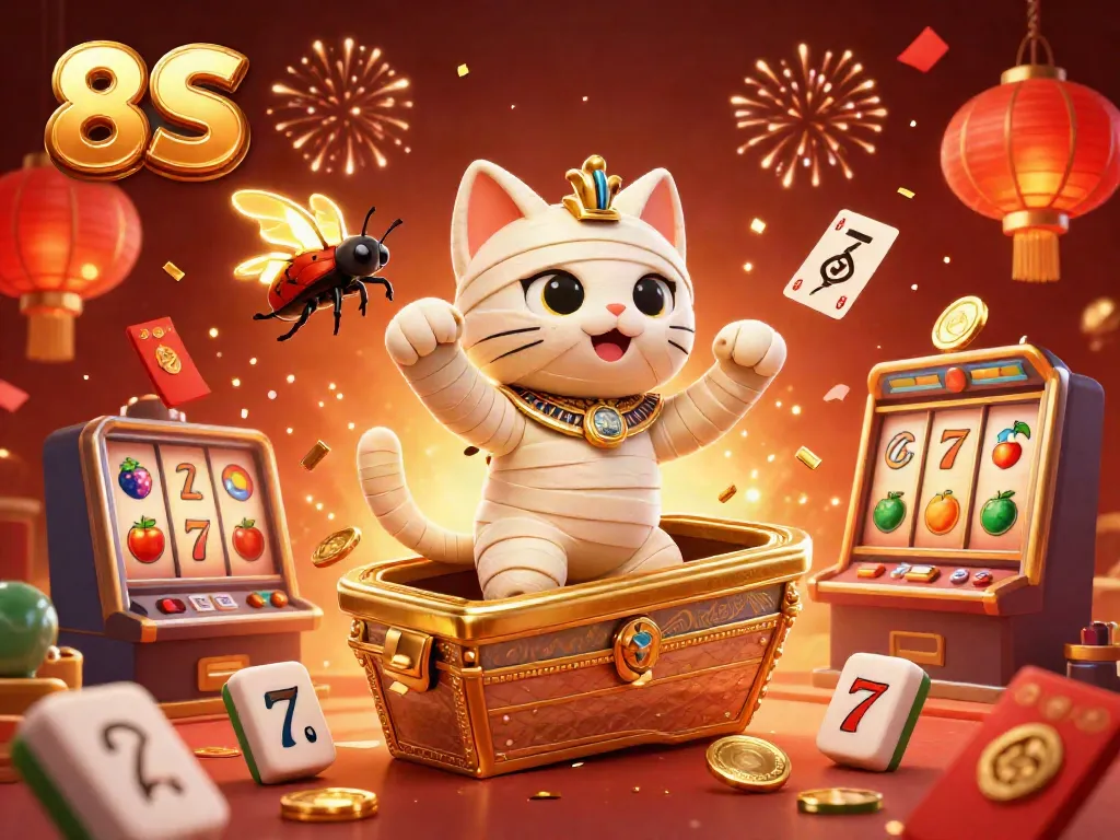 Experience the vibrant world of 8S slots with a whimsical mummy cat and dynamic casino elements.