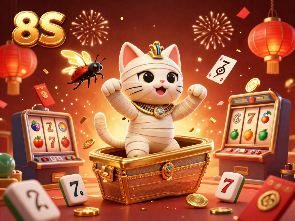 Experience the vibrant world of 8S slots with a whimsical mummy cat and dynamic casino elements.