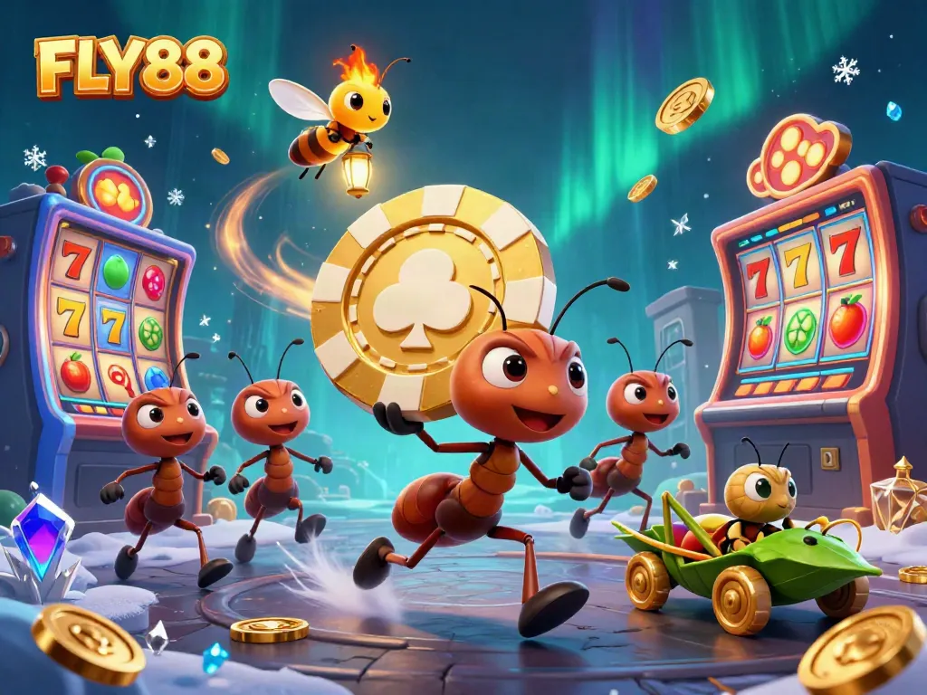 Engage with FLY88 thematic gaming heist, featuring ants and vibrant casino elements.