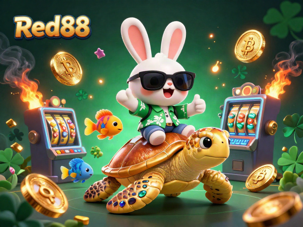 Spin to win at Red88 with a lucky rabbit and golden sea turtle in a vibrant casino scene.