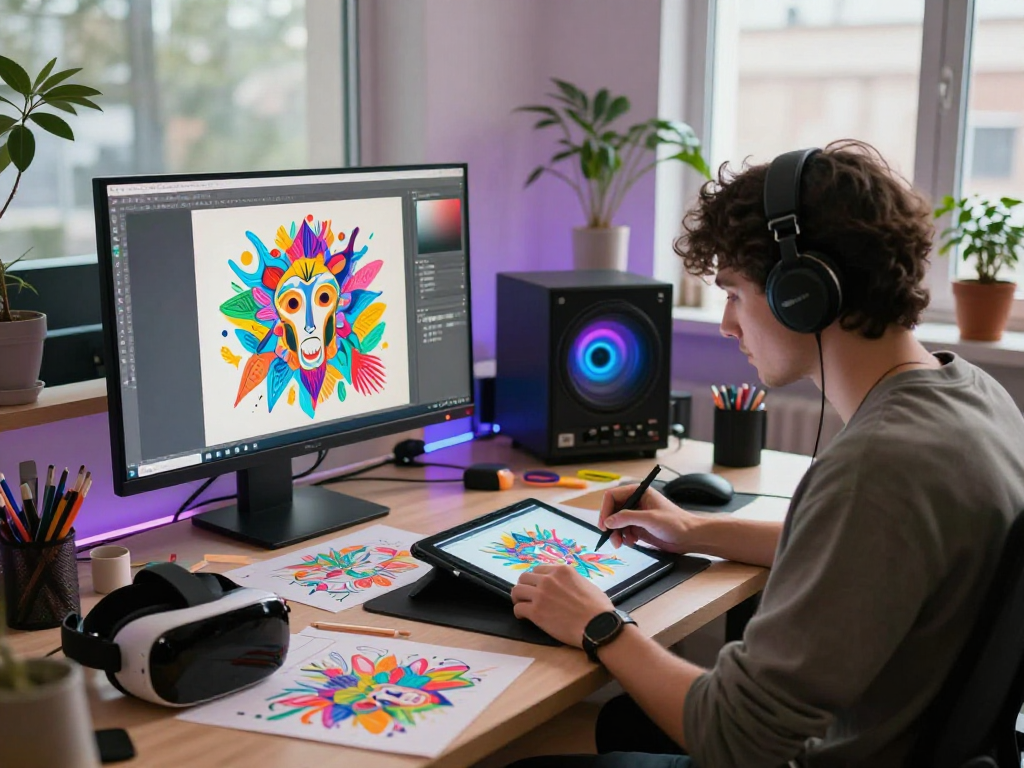 Creating unique nsfw ai art in a vibrant artist's studio with digital tools.