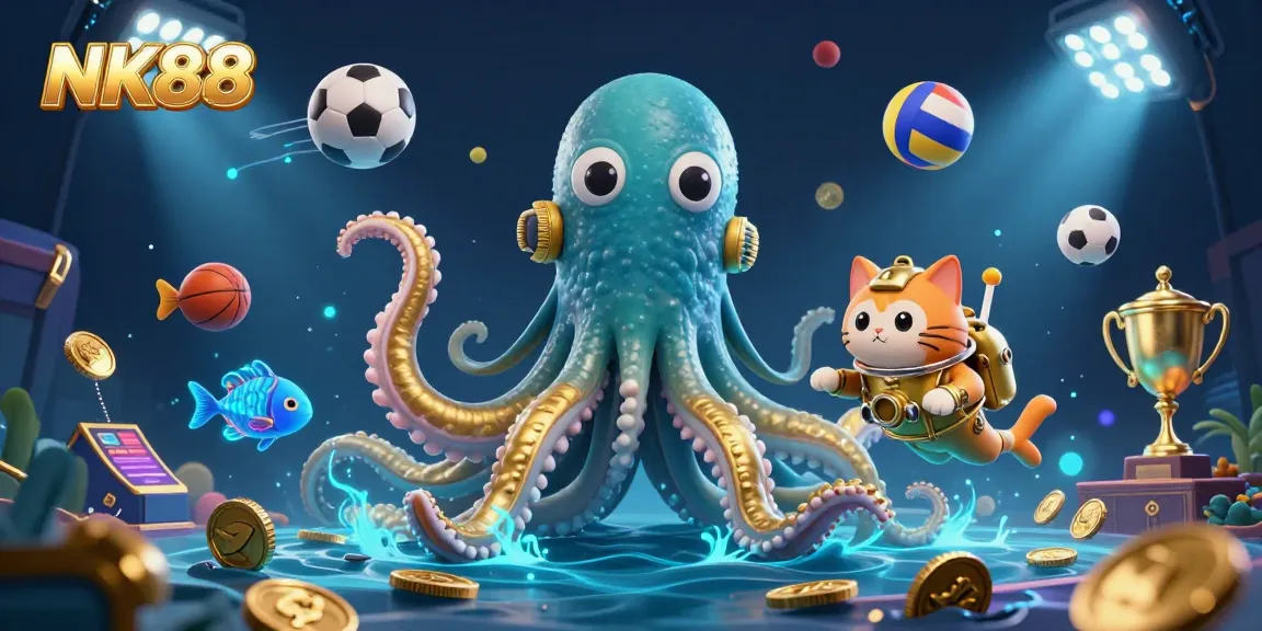 Engage with NK88's immersive casino scene, featuring dynamic sports elements and a treasure of golden coins.