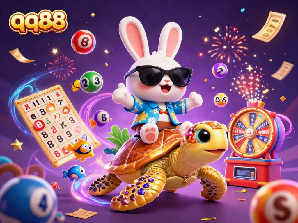 Experience exciting gaming moments with qq88 featuring a lucky rabbit on a golden sea turtle amidst vibrant casino elements.