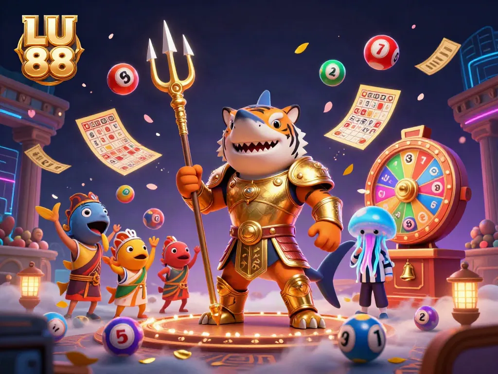 LU 88 showcases exciting underwater gambling action with a tiger shark, colorful lottery elements, and vibrant scene.